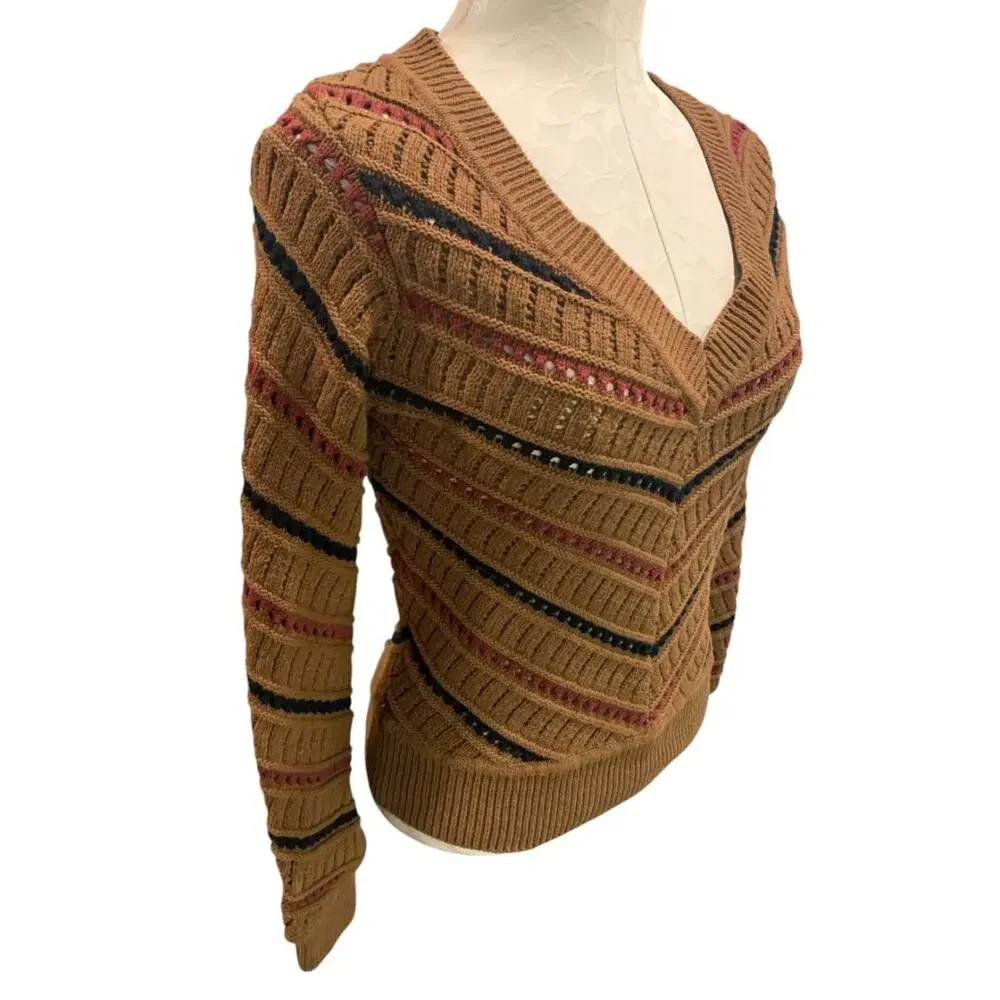 Size XS Evereve Sawyer Chevron Womens Sweater Brown Mulitcolor V-neck - Picture 5 of 7